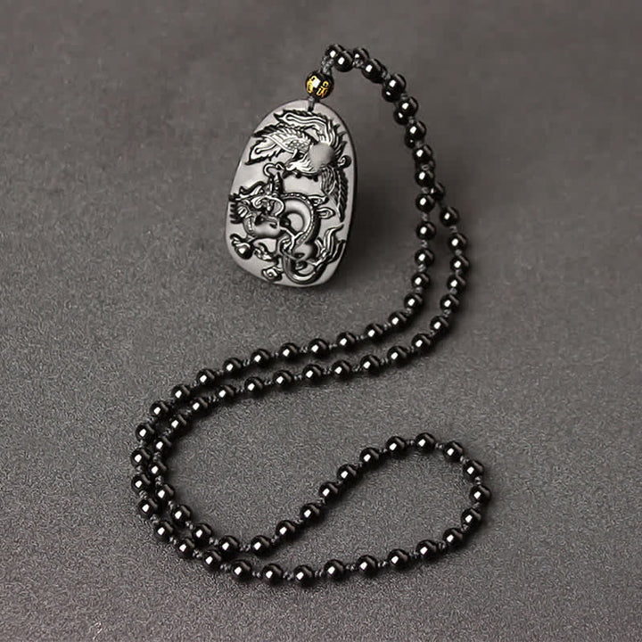 Collier avec pendentif en perles de protection en obsidienne noire œil de tigre dragon phénix - Chaîne de perles d'obsidienne - image 10