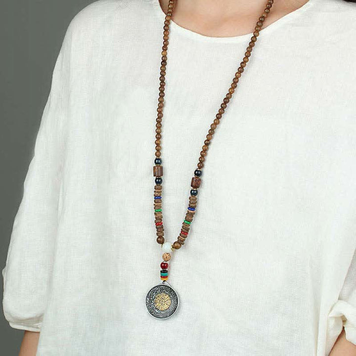Collier pendentif en bois Vajra Buddha Stones tibétaines Om Mani Padme Hum et rotation de la roue de prière - image 22
