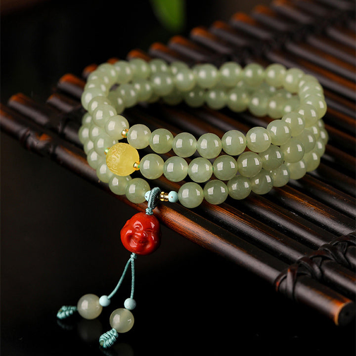 Bracelet de prospérité Bouddha rieur en jade agate rouge et ambre