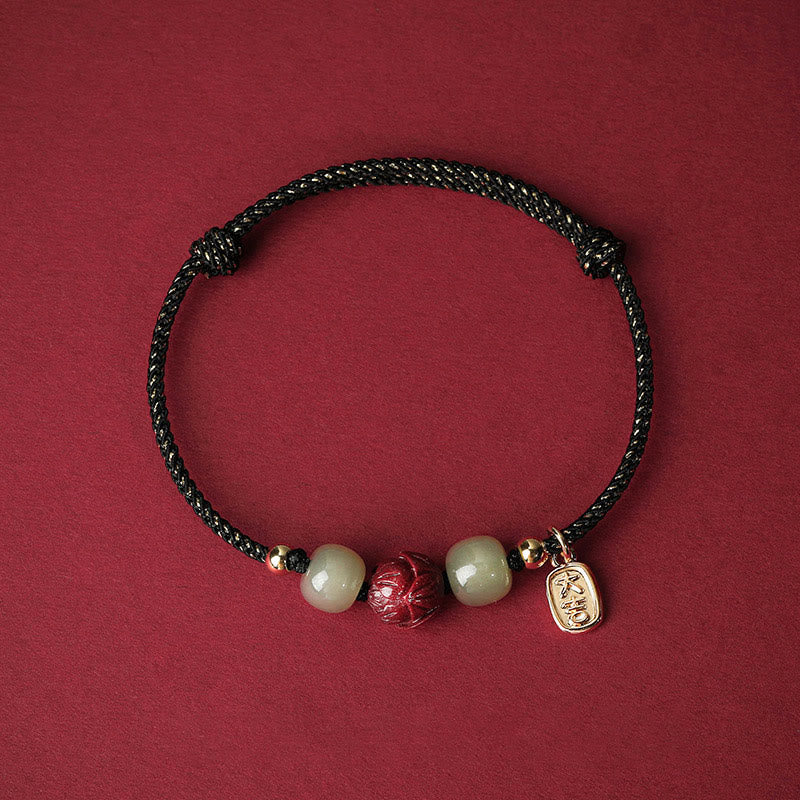 Bracelet en corde fait main en jade Hetian plaqué or 14 carats avec lotus porte-bonheur de Buddha Stones - Corde noire (tour de poignet 13-18 cm) - image 6