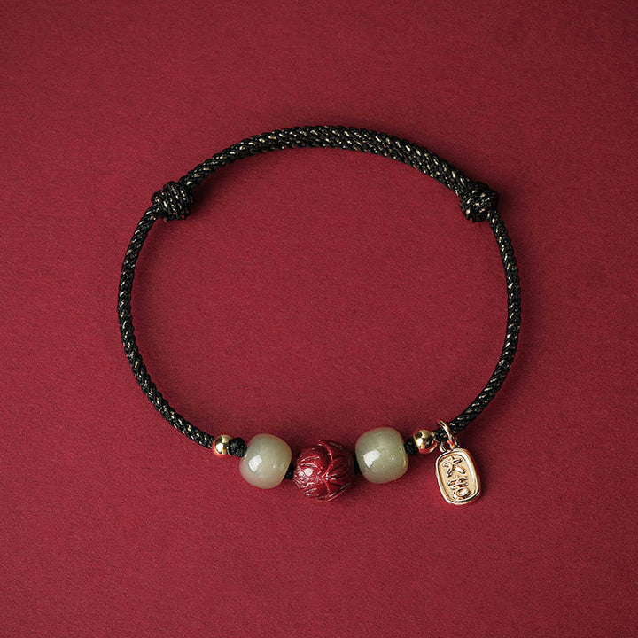 Bracelet en corde fait main en jade Hetian plaqué or 14 carats avec lotus porte-bonheur de Buddha Stones - Corde noire (tour de poignet 13-18 cm) - image 6