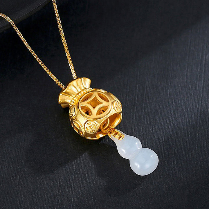 Collier pendentif en jade Buddha Stones et sac d'argent Feng Shui de bon augure