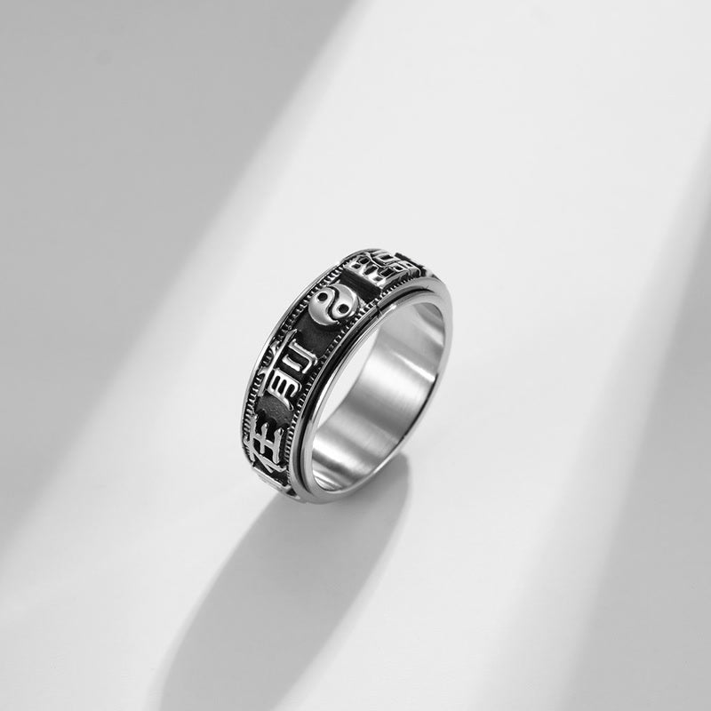 Bague rotative en acier titane avec mots et lettres, équilibre et calme