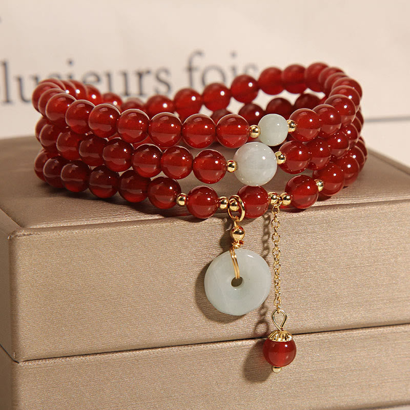 Bracelet triple tour en agate rouge naturelle et jade avec boucle de paix et calme en Buddha Stones