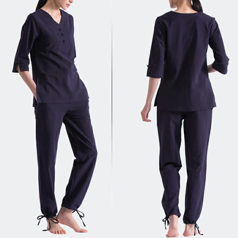 Ensemble de vêtements en coton et lin Buddha Stones , yoga, méditation, prière, col en V, pratique zen, pour femmes
