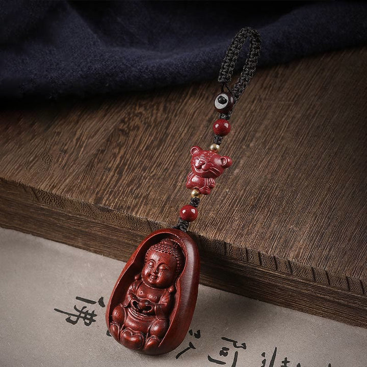 Porte-clés de protection en Buddha Stones en bois de santal rouge à petites feuilles, amulette du zodiaque chinois en cinabre