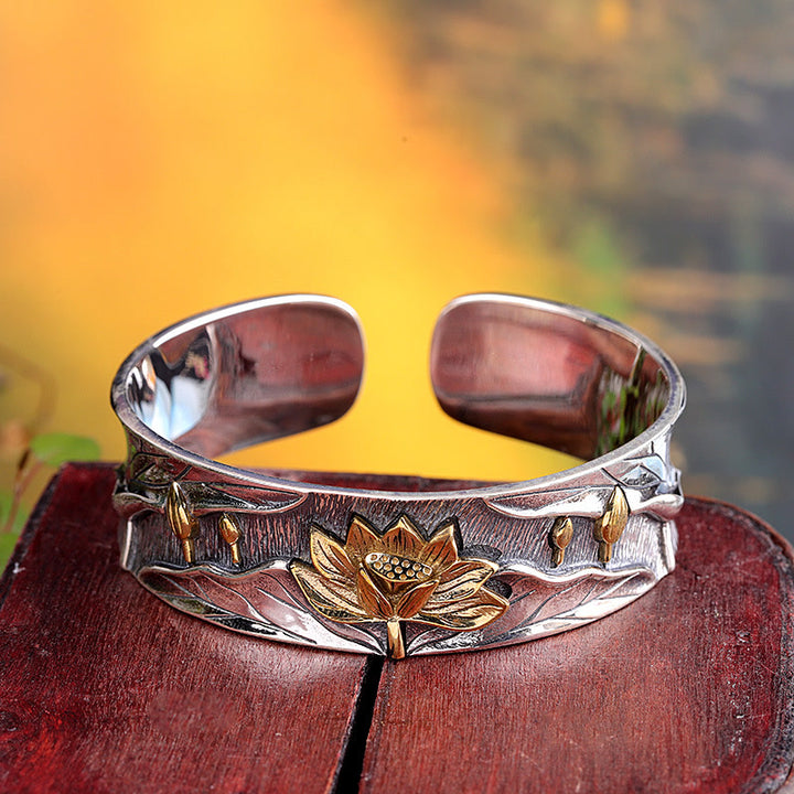 Bracelet réglable en argent sterling 925 Buddha Stones et fleur de lotus
