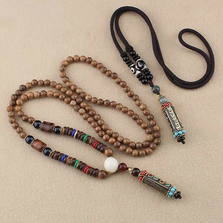 Buddha Stones tibétain Om Mani Padme Hum Dzi perle wengé bois collier pendentif
