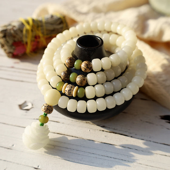 Buddha Stones Jade blanc Bodhi Lotus Mala Collier Harmonie Bracelet - image 2