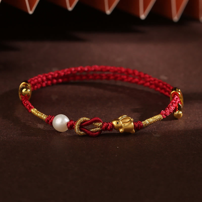 Bracelet tressé porte-bonheur en or 24 carats avec perles et lapin en forme de personnage Fu avec poignée Ruyi et Buddha Stones