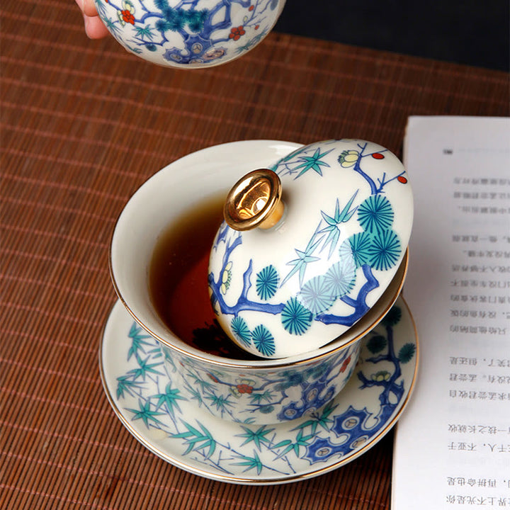 Buddha Stones Rétro Fleur de Prunier Pin Bambou Phénix Kirin Céramique Gaiwan Sancai Tasse à Thé Kung Fu Tasse à Thé et Soucoupe avec Couvercle