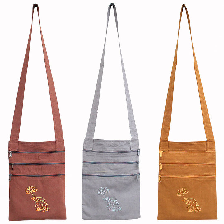 Sac à bandoulière en coton brodé Lotus pour pratique spirituelle
