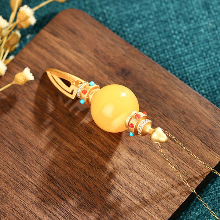 Collier pendentif anxiété clair Dorje Vajra en ambre plaqué or 24 carats