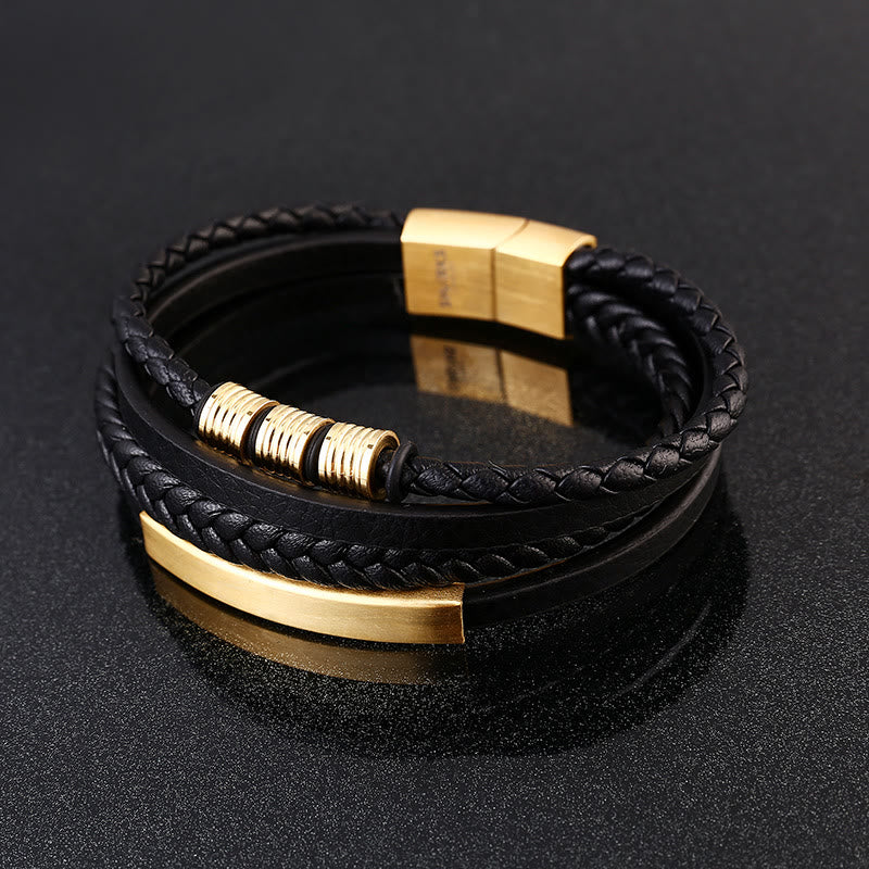 Bracelet en cuir multicouches avec boucle magnétique tressée en acier titane et Buddha Stones