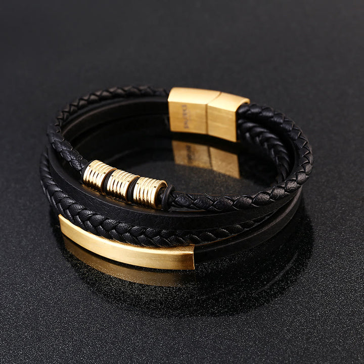 Bracelet en cuir multicouches avec boucle magnétique tressée en acier titane et Buddha Stones