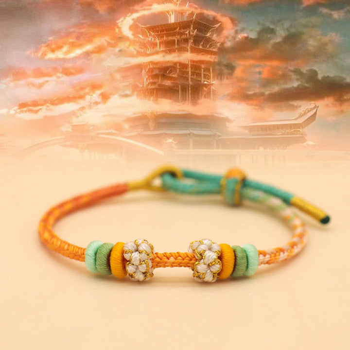 Bracelet tressé fait main en corde porte-bonheur avec nœud de paix à huit fils et nœud de fleur de pêcher en Buddha Stones - Orange Vert (Tour de poignet 14-18 cm) - image 8