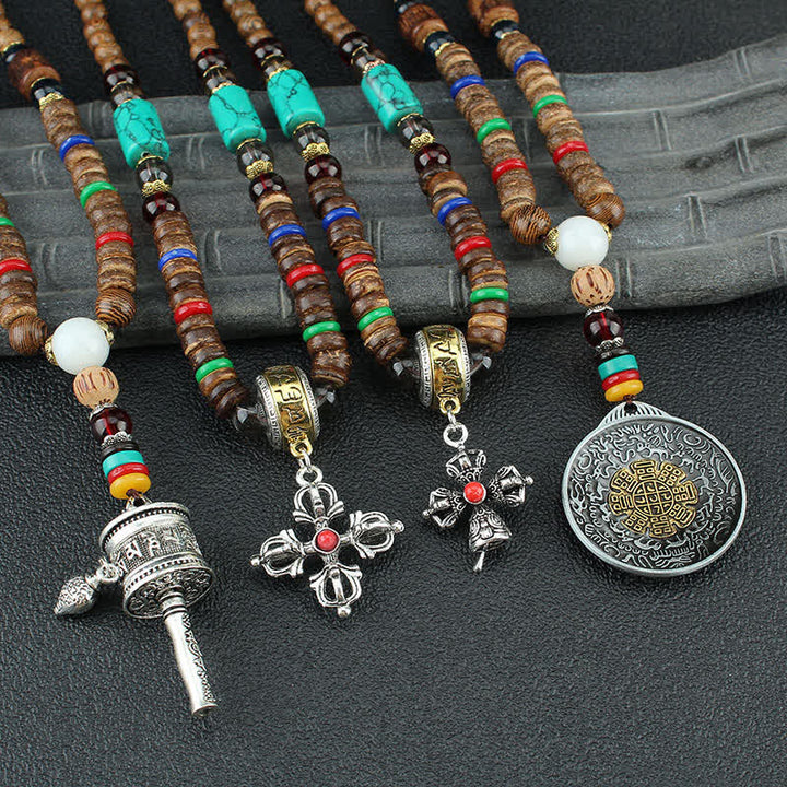Collier pendentif en bois Vajra Buddha Stones tibétaines Om Mani Padme Hum et rotation de la roue de prière - image 14