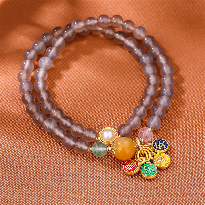 Bracelet double tour en agate grise naturelle avec breloque paix et joie et Buddha Stones