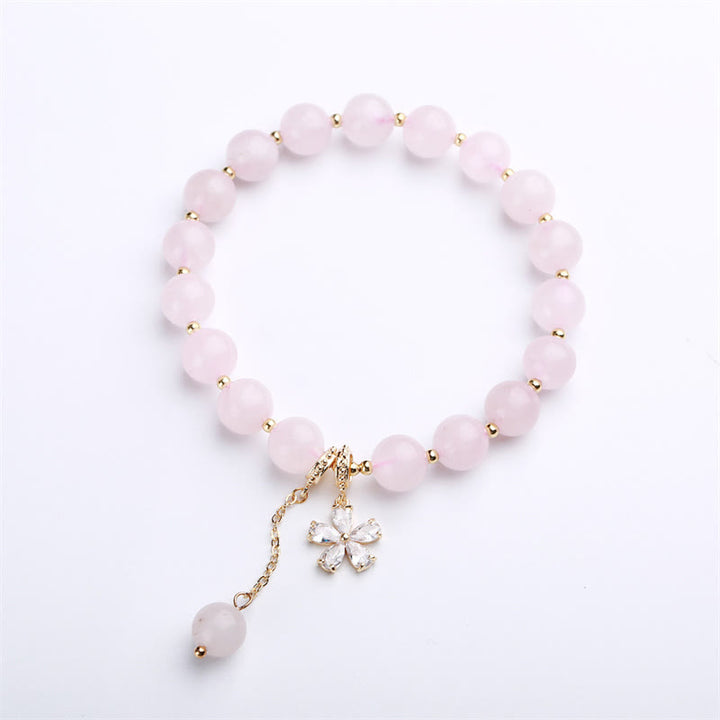 Bracelet d'amour en cristal rose naturel avec fleur de prunier