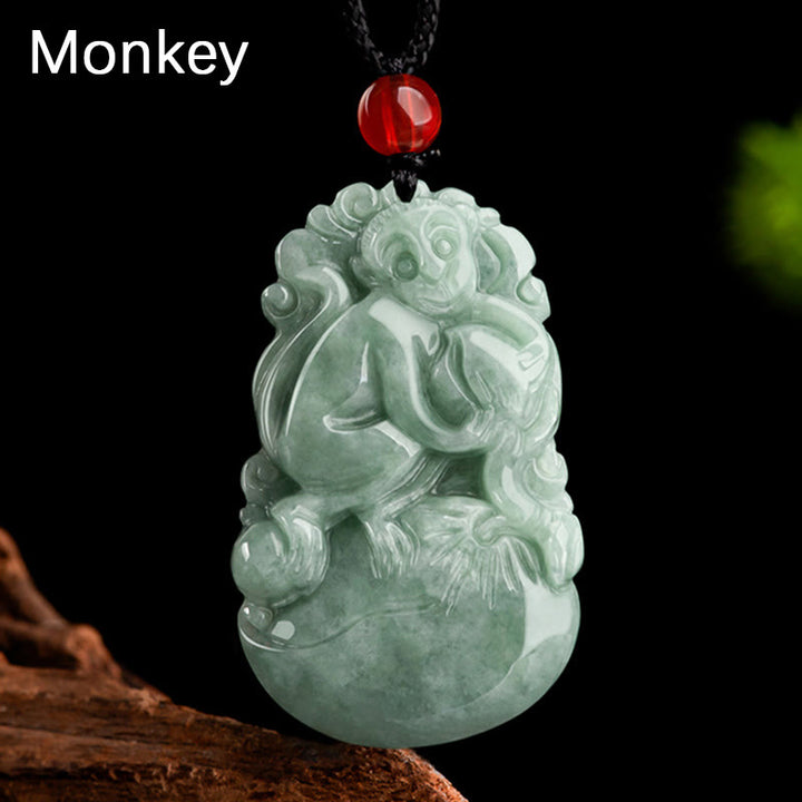 Collier pendentif en jade vert naturel avec Buddha Stones et 12 signes du zodiaque chinois