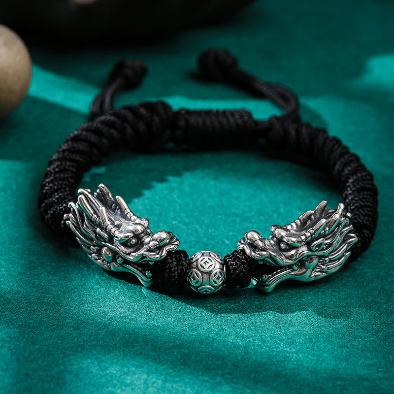 Bracelet tressé fait main en argent sterling 999 avec double dragon porte-bonheur de Buddha Stones