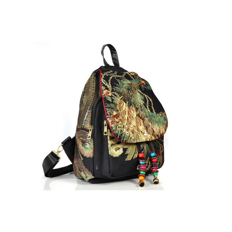 Sac à dos à pompons en toile avec broderies de paon et Buddha Stones
