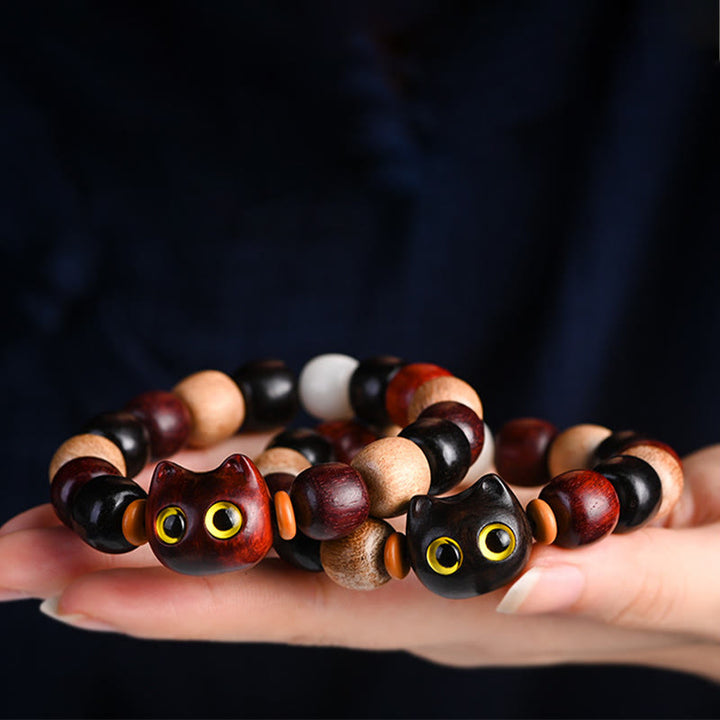 Bracelet de protection gravé en bois de santal rouge et ébène avec petites feuilles de Buddha Stones et chat mignon - image 21