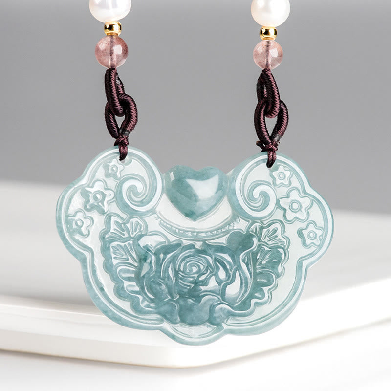 Collier pendentif fleur de pivoine en jade naturel de Buddha Stones Lock of Good Wishes Prosperity