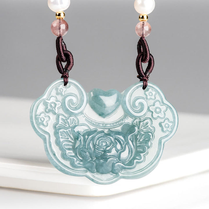 Collier pendentif fleur de pivoine en jade naturel de Buddha Stones Lock of Good Wishes Prosperity