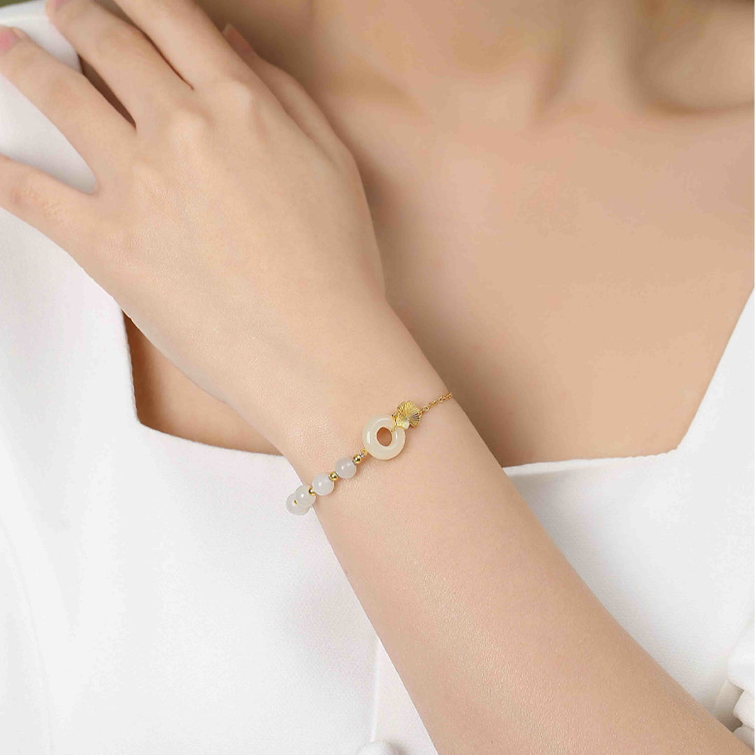 Bracelet Buddha Stones -bonheur en argent sterling 925 avec boucle de paix en jade blanc Hetian et feuilles de ginkgo - image 2