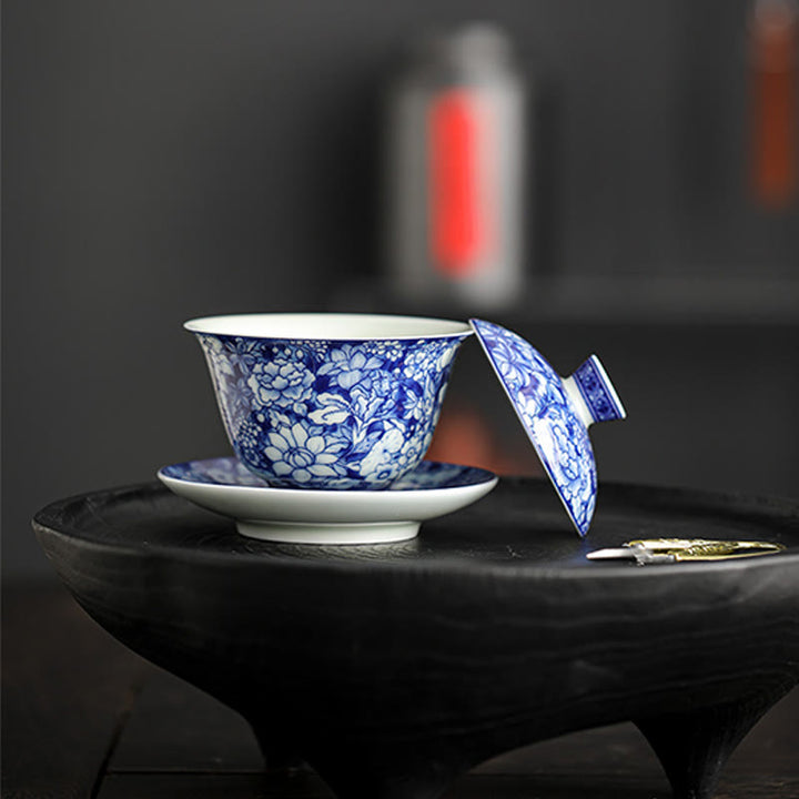 Tasse à thé et soucoupe en porcelaine bleue et blanche vintage en céramique Gaiwan Sancai Kung Fu avec couvercle