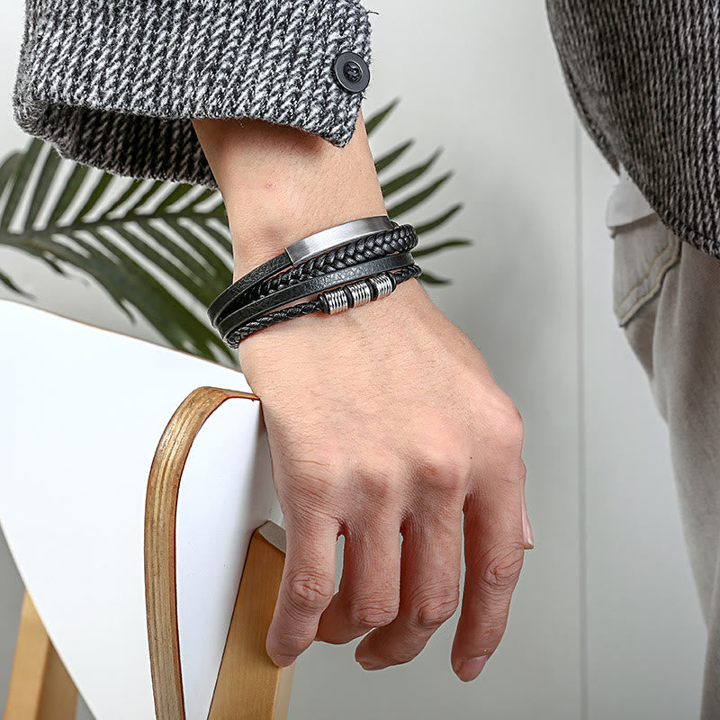 Bracelet en cuir multicouches avec boucle magnétique tressée en acier titane et Buddha Stones