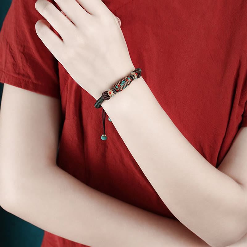 Bracelet tressé en turquoise tibétain fait main avec Buddha Stones Om Mani Padme Hum