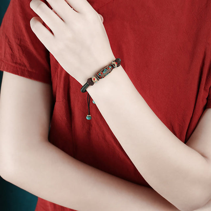 Bracelet tressé en turquoise tibétain fait main avec Buddha Stones Om Mani Padme Hum