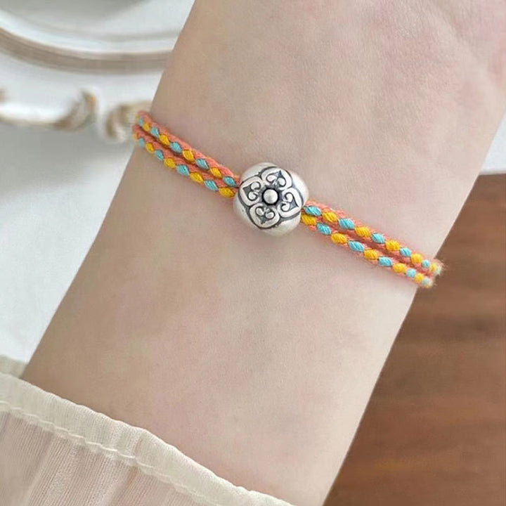 Bracelet tressé multicolore en argent sterling 999 avec pierre porte-bonheur Kaki de Buddha Stones