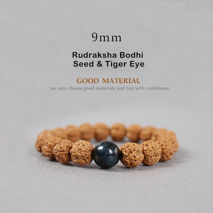 Bracelet de richesse en Buddha Stones tibétaines Rudraksha Bodhi Seed Dzi Bead Amber Turquoise - 9 mm - Graine de Rudraksha Bodhi et œil de tigre - image 9