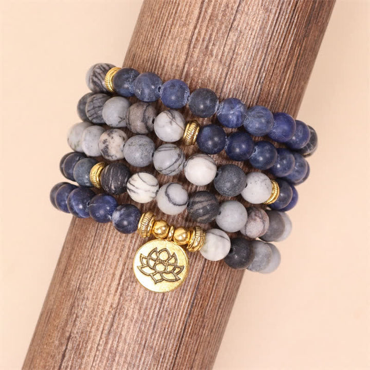 Bracelet Mala 108 Buddha Stones, sodalite, jaspe zèbre, cristal, lotus, force
