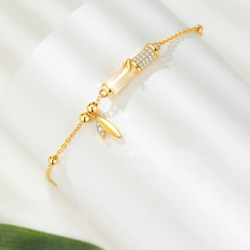Bracelet porte - bonheur en argent sterling 925 plaqué or 18 carats avec jade blanc et bambou et zircon