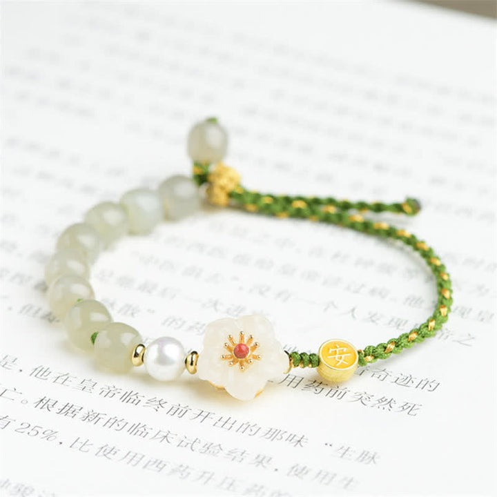 Bracelet porte-bonheur en argent sterling 925 avec jade naturel Hetian et fleur de pêcher