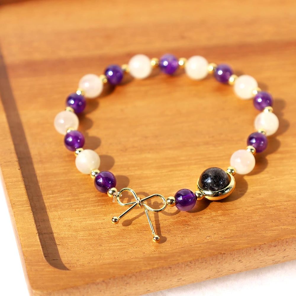 Bracelet de perles spirituelles en quartz rutile noir et améthyste œil de chat - image 2