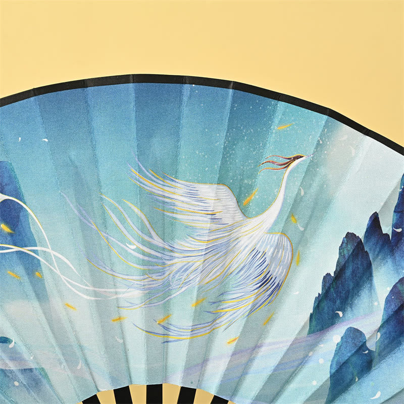 Éventail pliant à pompon en bambou, Buddha Stones, Phoenix, renard à neuf queues, fleur, tigre