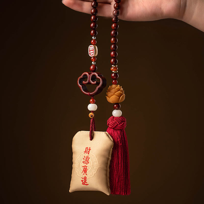 Buddha Stones tibétaines à petites feuilles de bois de santal rouge, lotus, cinabre, sachet de protection, pompon, décoration à suspendre pour voiture