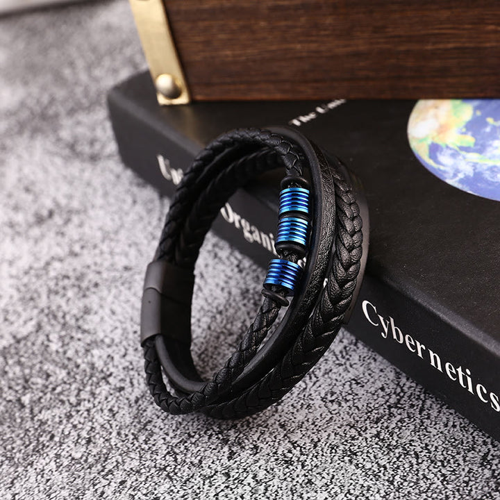 Bracelet en cuir multicouches avec boucle magnétique tressée en acier titane et Buddha Stones