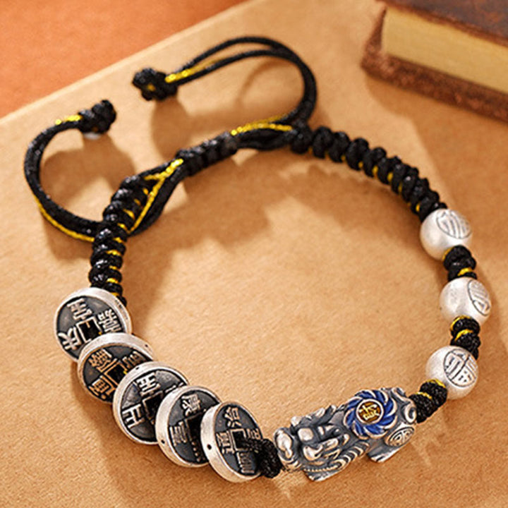 Bracelet tressé en argent sterling 999 Buddha Stones FengShui PiXiu et pièce de cuivre Fu Character Wealth