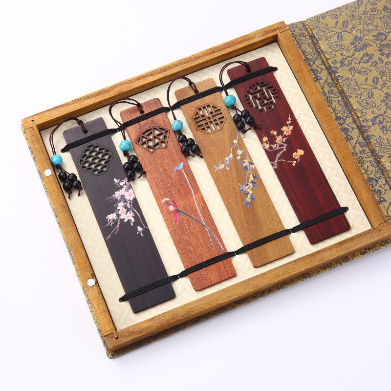 Lot de 4 marque-pages en bois avec Buddha Stones , orchidée, prunier, bambou, chrysanthème, masque d'opéra de Pékin, avec boîte cadeau