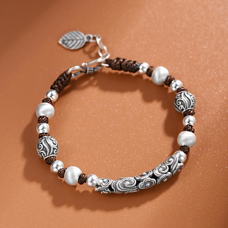 Bracelet en fil de richesse en argent sterling 999 fait main en cuivre et Buddha Stones du Tibet