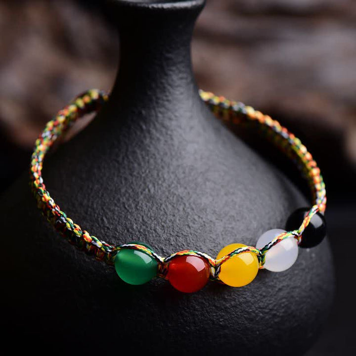 Bracelet en fil d'agate colorée, métal, bois, eau, feu, terre, cinq éléments