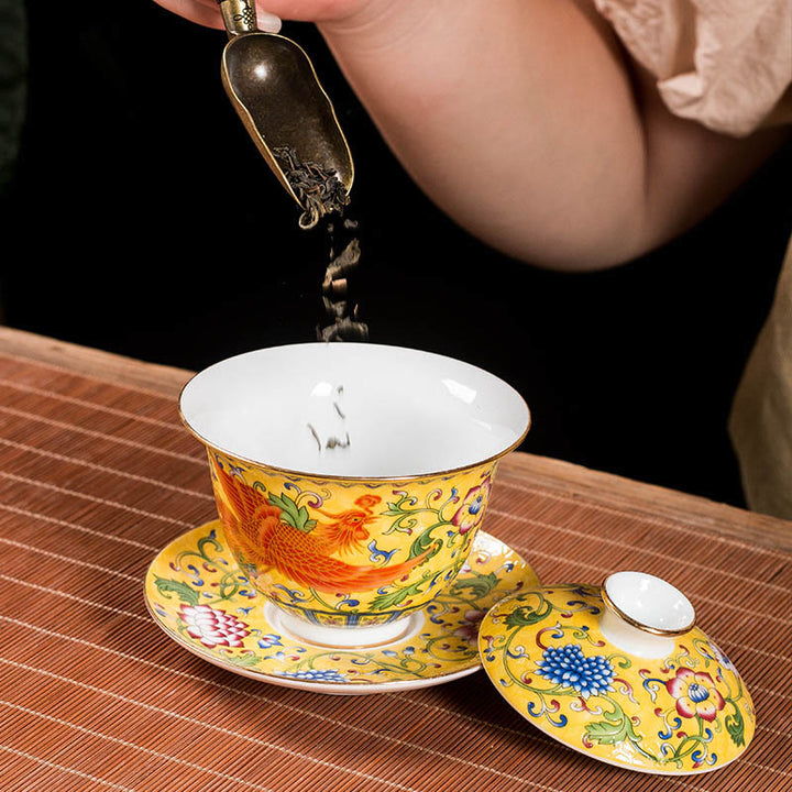 Tasse à thé en céramique Gaiwan Sancai avec motif de fleurs et de dragons Buddha Stones Kung Fu et soucoupe avec couvercle
