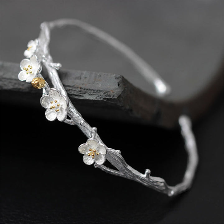 Bracelet réglable en argent sterling 925 Buddha Stones et fleur de prunier