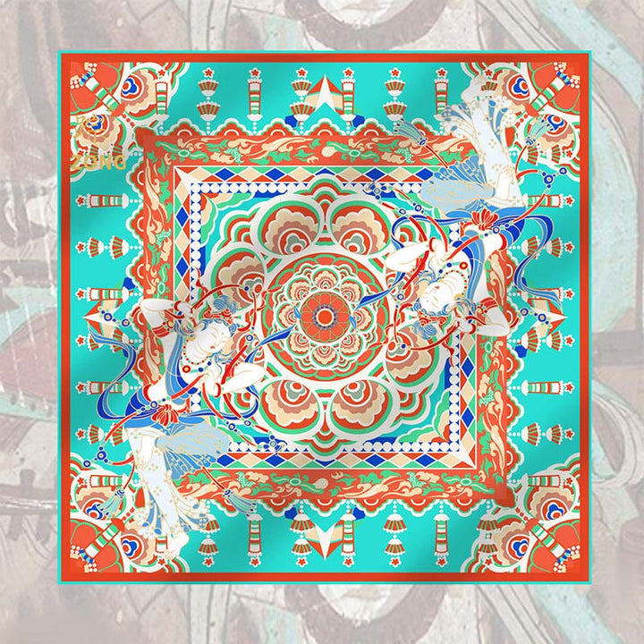Écharpe en soie de mûrier 100 % Buddha Stones et musiciens de Dunhuang jouant des fresques Châle en soie Dunhuang de qualité supérieure 6A